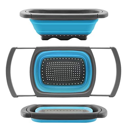 Qimh Colander Collapsible, Colander Strainer Over the Sink Food Colanders Strainers with Extendable Handles, 6-Quart, Dishwasher-Safe Kitchen Folding Strainer for Pasta, Veggies and Fruits