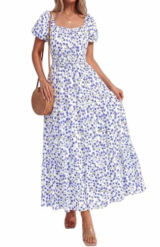BTFBM Summer Dress for Women 2026 Spring Floral Short Sleeve Casual Flowy A-Line Smocked Tiered Maxi Dresses Pockets(Floral White Blue, XX-Large)