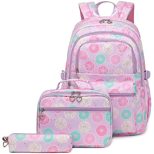 Joyfulife 3Pcs Donut Backpack for Girls Backpack with Lunch Box Set Kids Bookbags Primary School Bags Daypack Elementary Students Knapsack for Teen Student