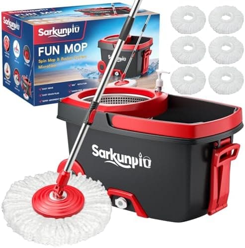 Spin Mop and Bucket Set with 6 Microfiber Heads, Dark Grey | Floor mop with wringer, hand-press wringing, 61" extra-long handle, spinning mopping floor cleaning system for home floors