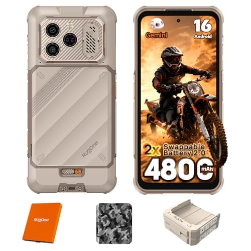 RUGONE Xever 8 Rugged Smartphone, Dual Swappable Batteries 2.0, Android 16 16GB+128GB MTk Helio G200, 6.5" 120Hz 680nits Screen, 64MP+20MP, IP69K · IP68, eSIM/Hi-Fi Audio/Charging Station, Sand Dune