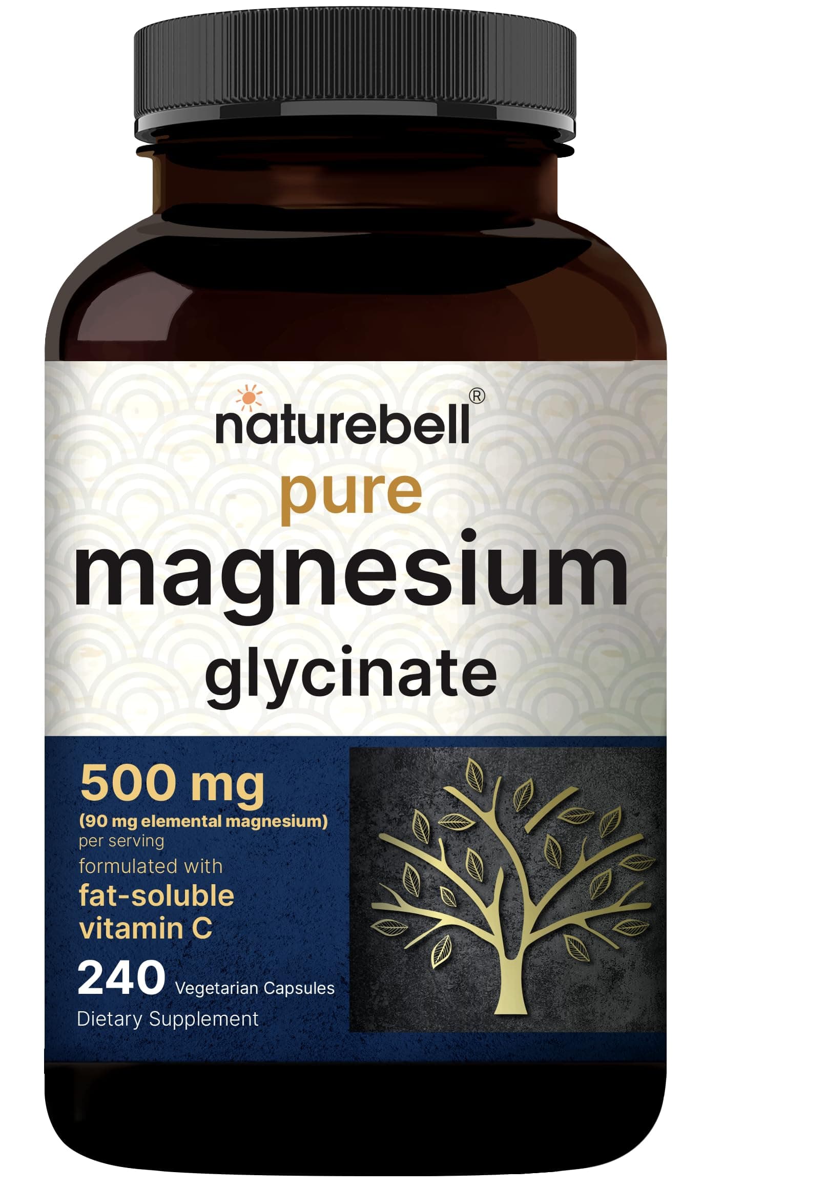 NatureBell Pure Magnesium Glycinate 500mg Per Serving, 240 Veggie Capsules